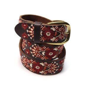 Lucky Brand Leather Belt Brown Red Orange Embroidery Gold Stud and Buckle